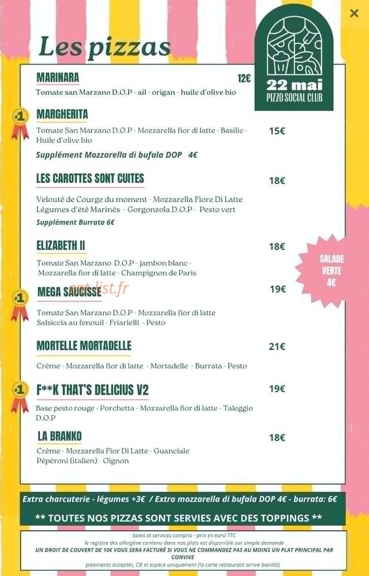 Carte et menu de 22Mai - Pizzo Social Club à Strasbourg — Les pizzas