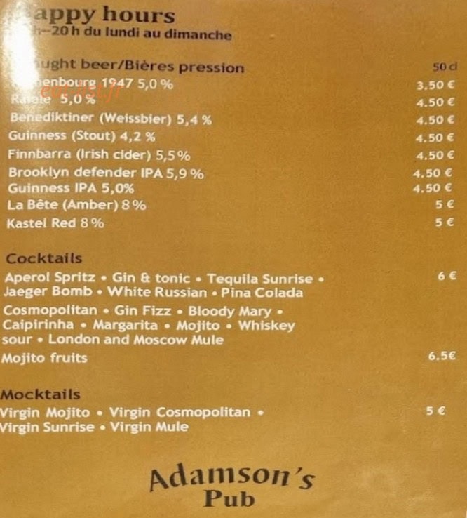 Adamson's Pub — carte page 1