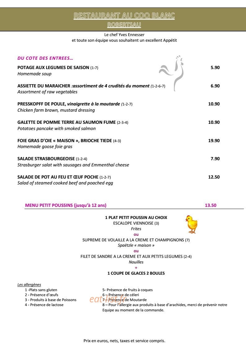 Au Coq Blanc — carte page 1