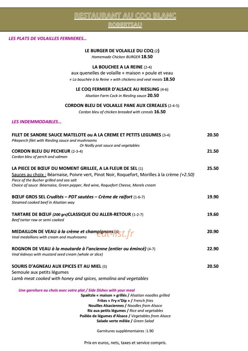 Au Coq Blanc — carte page 2