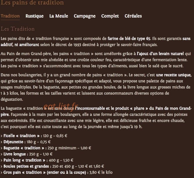 Carte et menu de Au pain de mon grand pere à Strasbourg — Les pains aromatiquesLes pains tradition et spéciaux