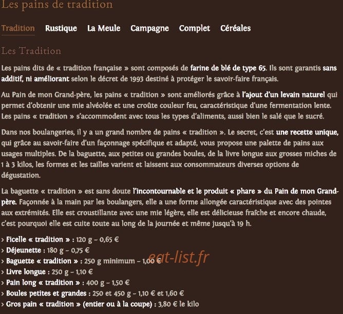 Carte et menu de Au pain de mon grand pere à Strasbourg — Les pains tradition et spéciaux