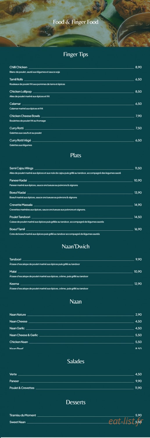 Brasserie tamil — carte page 1