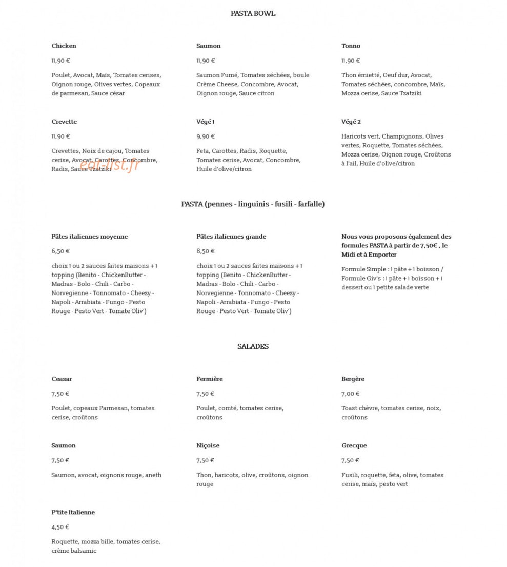 Giv’s pasta bar u0026 coffee — carte page 1