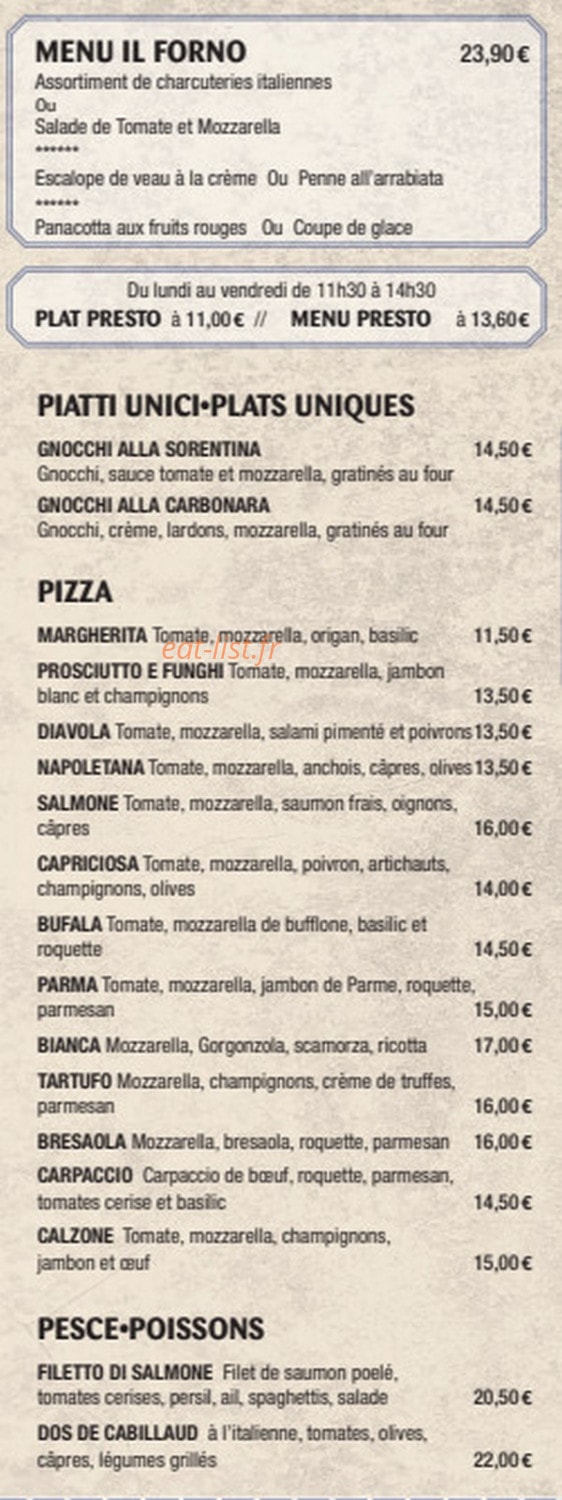 Carte et menu de Il Forno à Strasbourg — Les plats, pizzas et poissons, ...