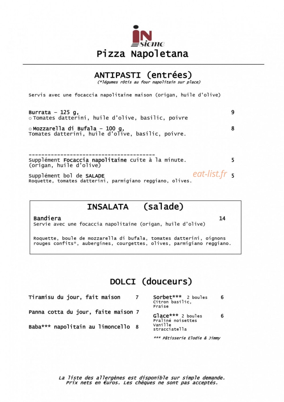 Insieme Pizzeria — carte page 1