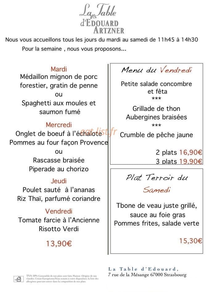 La Table d'Edouard Artzner — carte page 1