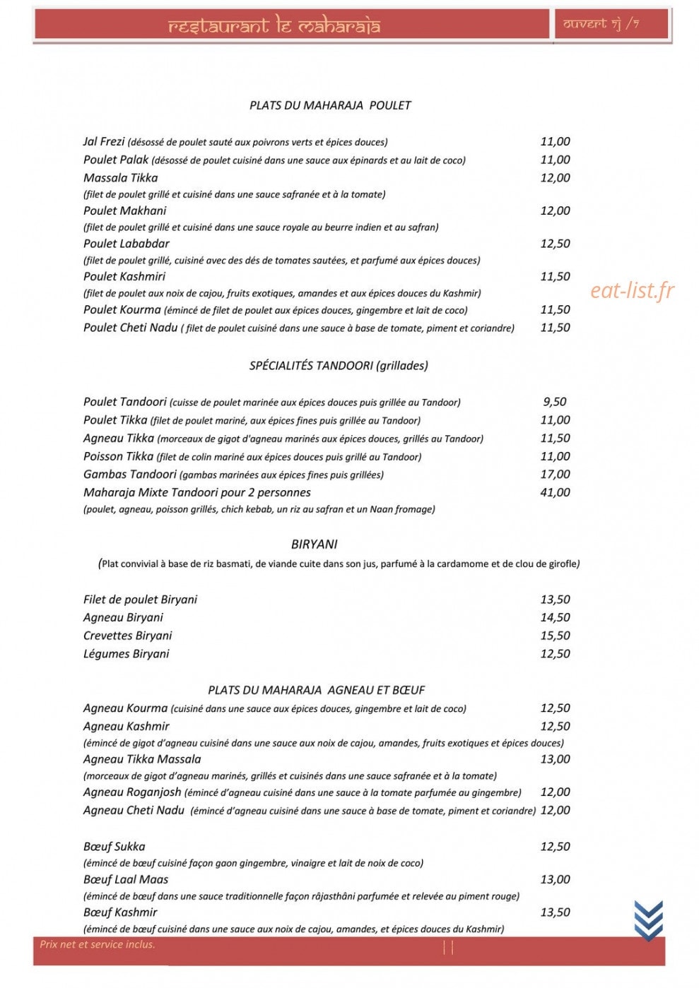 Maharaja — carte page 2
