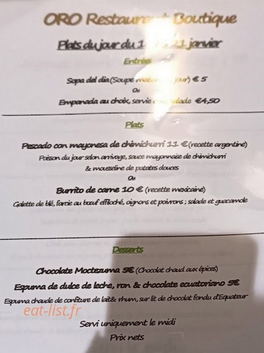 ORO Restaurant boutique — carte page 1