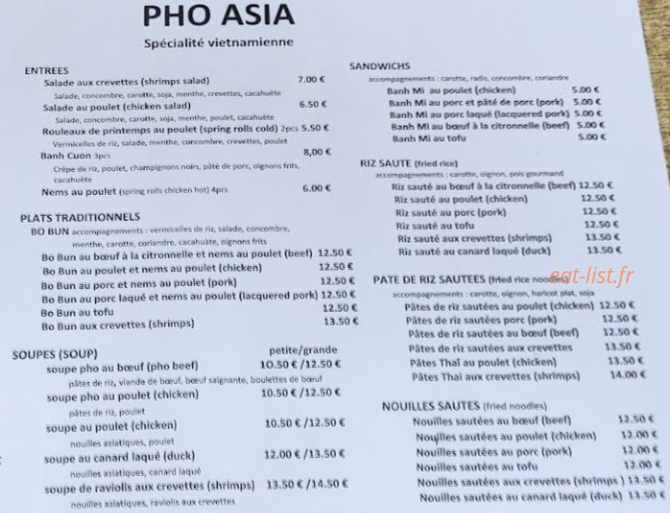 Pho Asia — carte page 1