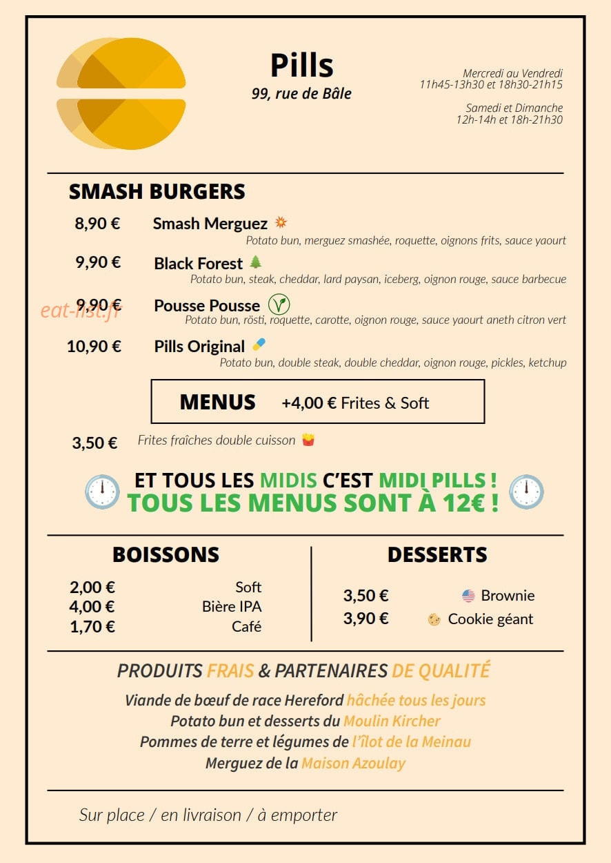 Pills Smash Burger — carte page 1