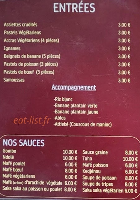 Restaurant Africain KEF — carte page 1