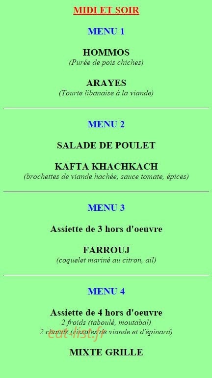 Restaurant Beyrouth — carte page 1
