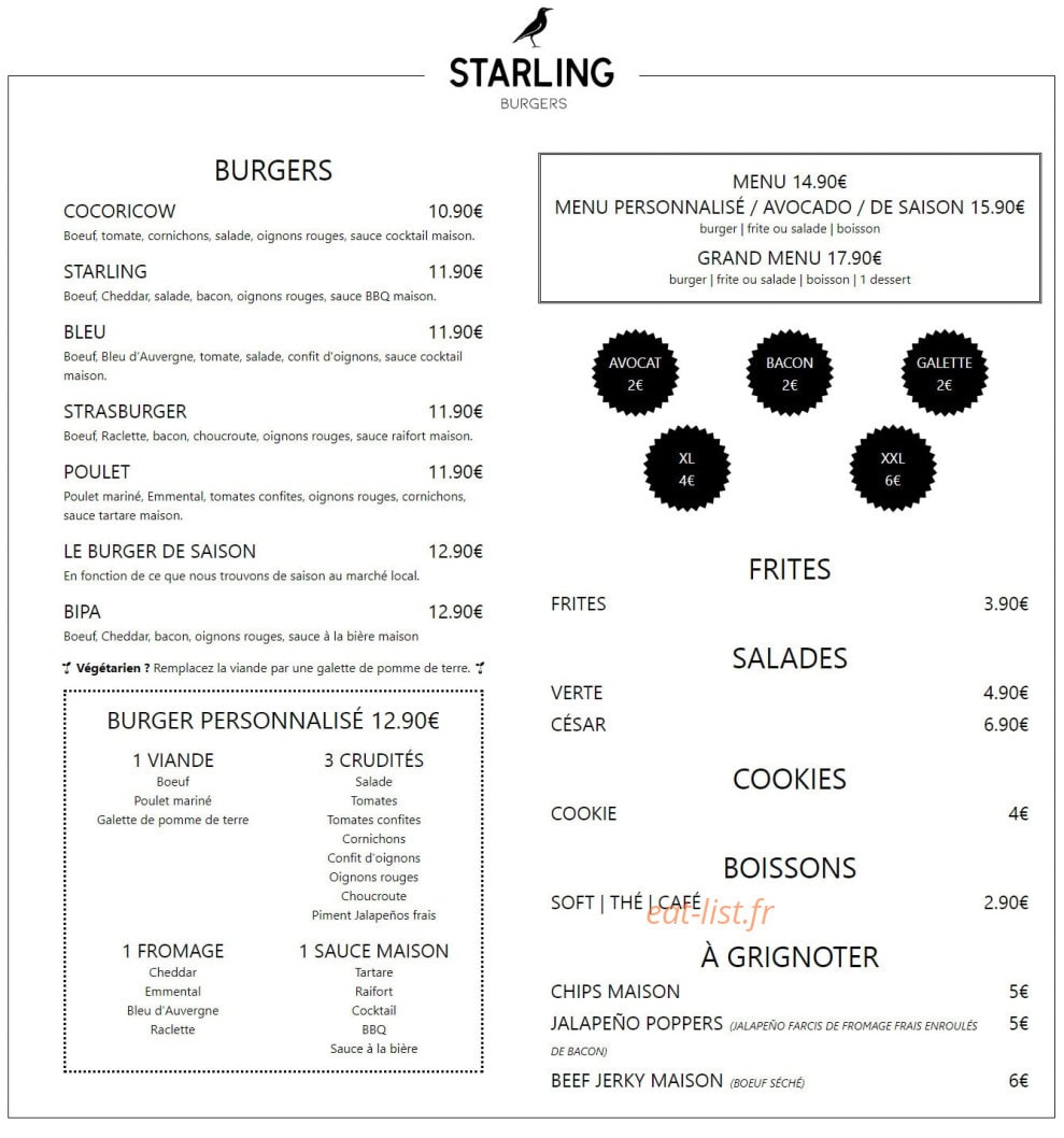 Starling Burgers — carte page 1