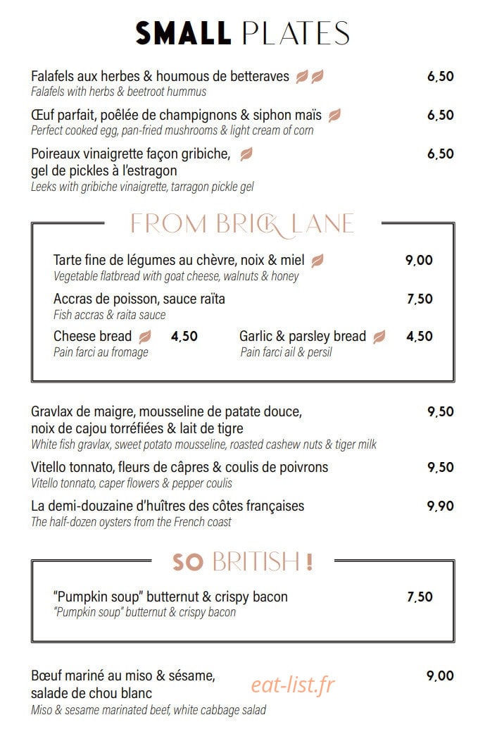 Carte et menu de The Drunky Stork Social Club à Strasbourg — Small plates, from brick lane et so british