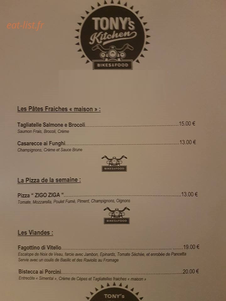 Tony's Kitchen — carte page 1