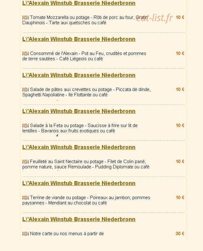 Carte et menu de L'Alexain Brasserie Winstub à Niederbronn les Bains — Les menus