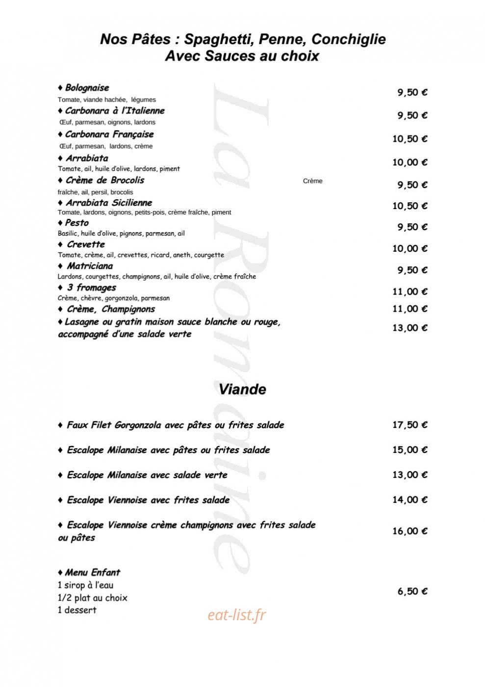 Carte et menu de Trattoria La Romaine à Niederbronn les Bains — Les pâtes et viandes