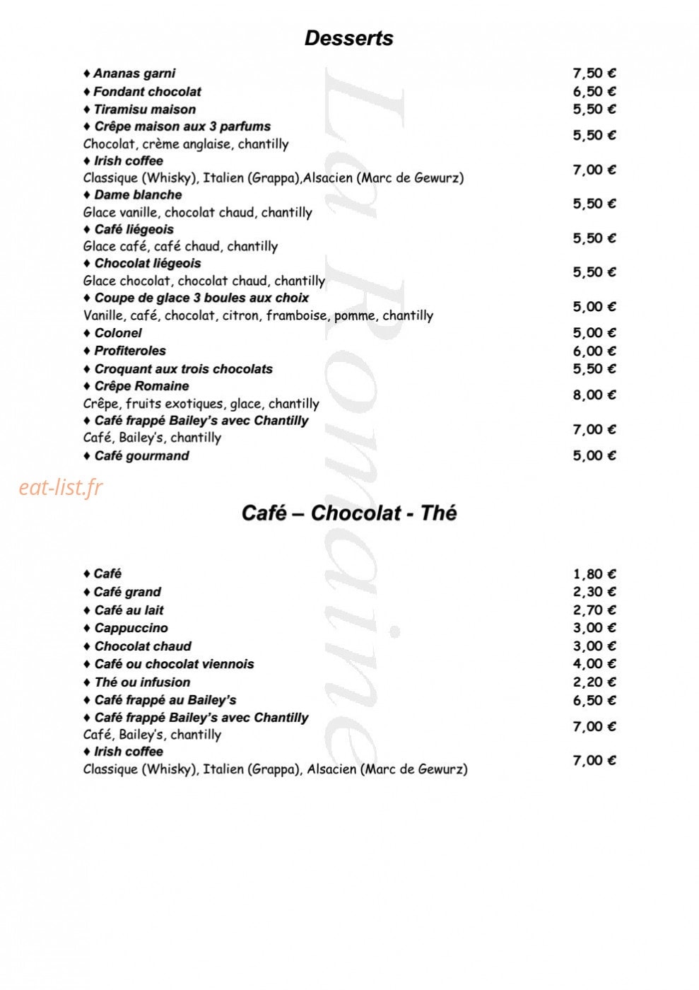 Carte et menu de Trattoria La Romaine à Niederbronn les Bains — Les desserts, café...