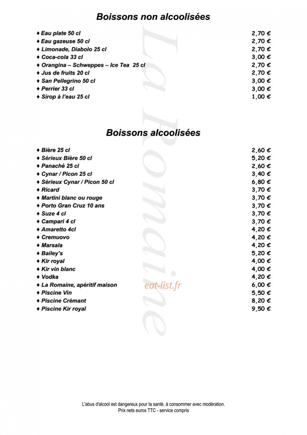 Carte et menu de Trattoria La Romaine à Niederbronn les Bains — Les boissons
