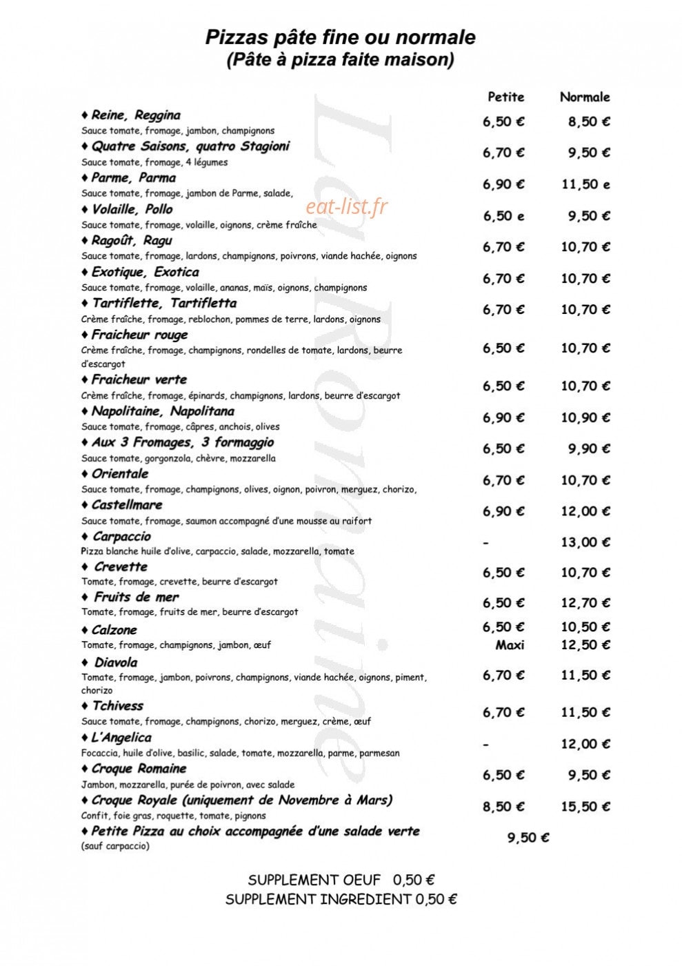 Carte et menu de Trattoria La Romaine à Niederbronn les Bains — Les pizzas