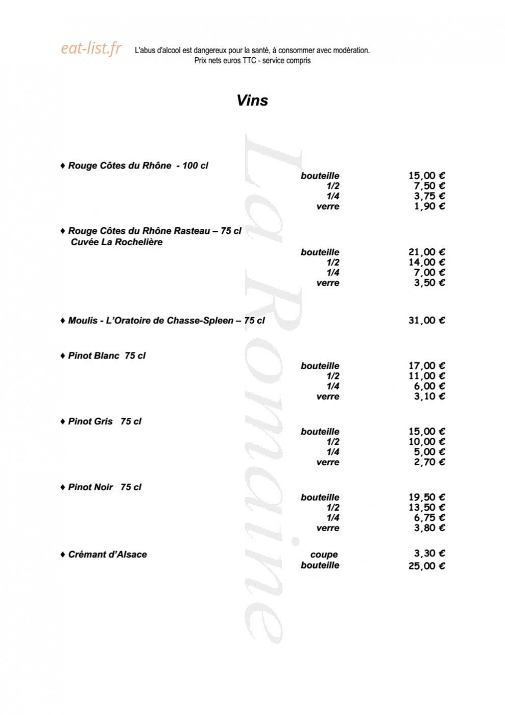 Carte et menu de Trattoria La Romaine à Niederbronn les Bains — Les vins