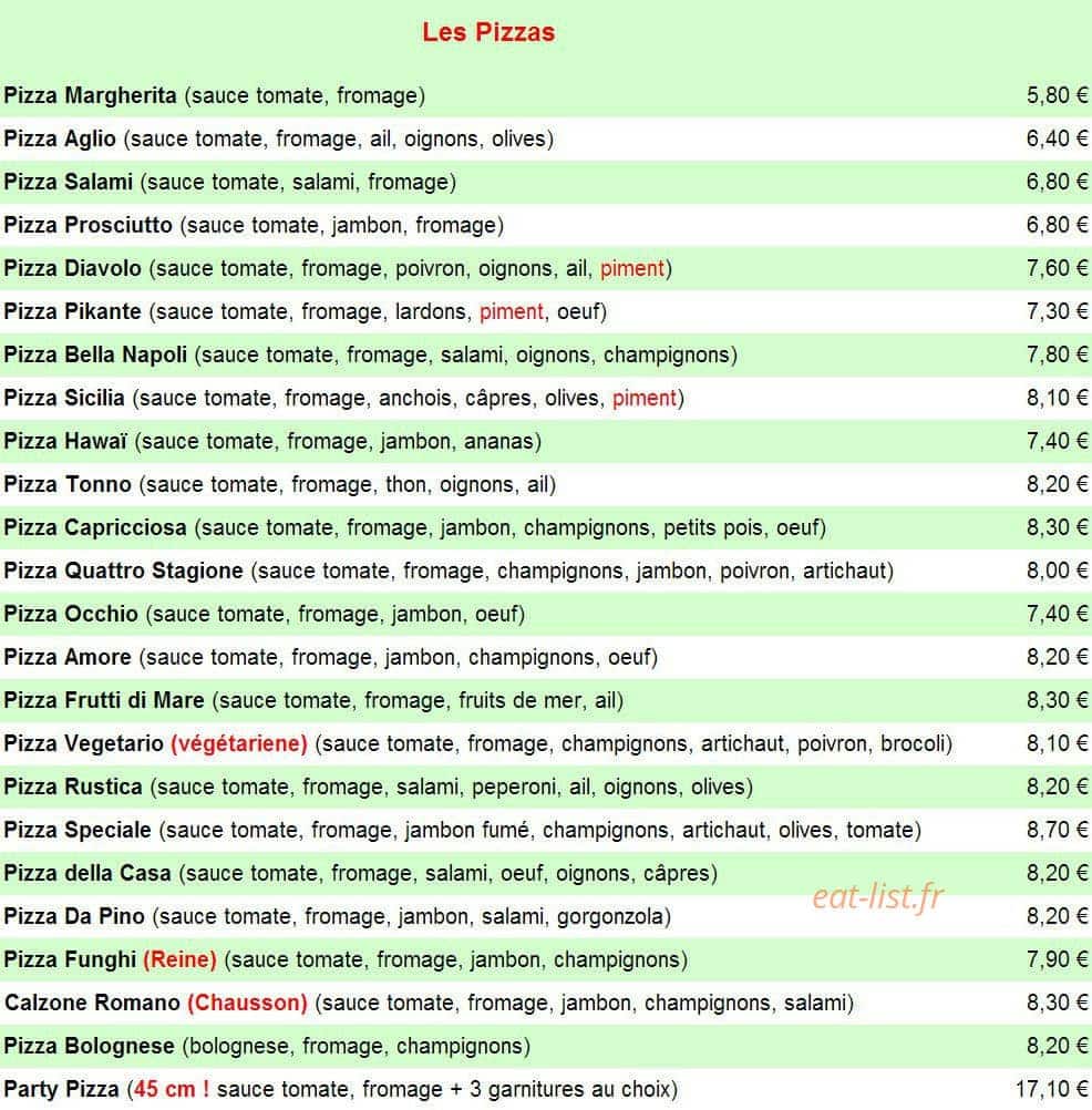 Carte et menu de Ristorante Pizzeria Da Pino à Reichshoffen — Les pizzas