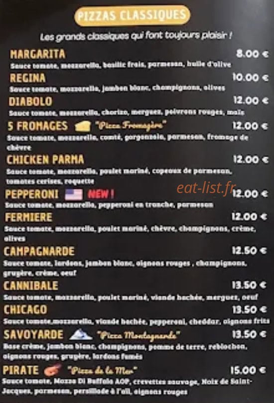 Carte et menu de La Bella Flamm’s à Duppigheim — Pizza classique