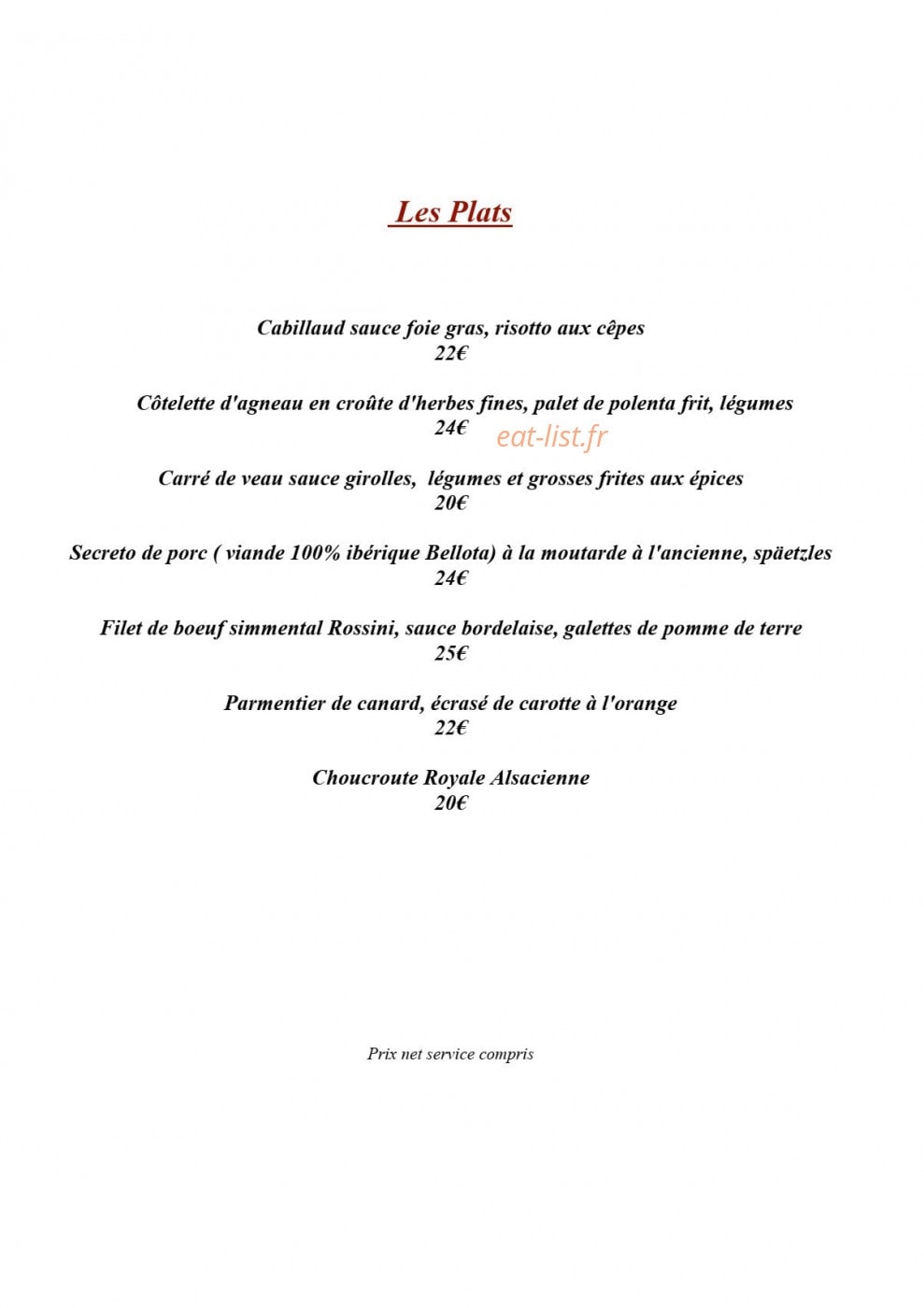 Carte et menu de Auberge Le Biblenhof à Soultz les Bains — Les plats