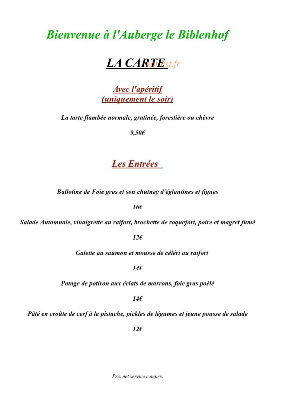 Carte et menu de Auberge Le Biblenhof à Soultz les Bains — Les apéritifs et entrées