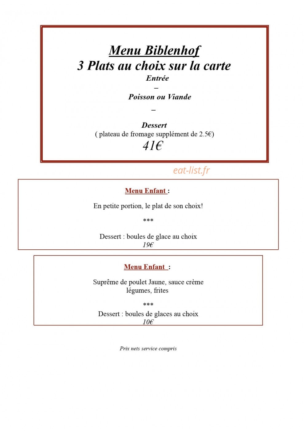 Carte et menu de Auberge Le Biblenhof à Soultz les Bains — Les menus