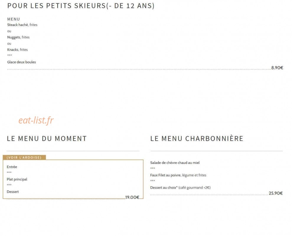 Carte et menu de Auberge de la charbonnière à Bellefosse — Les menus