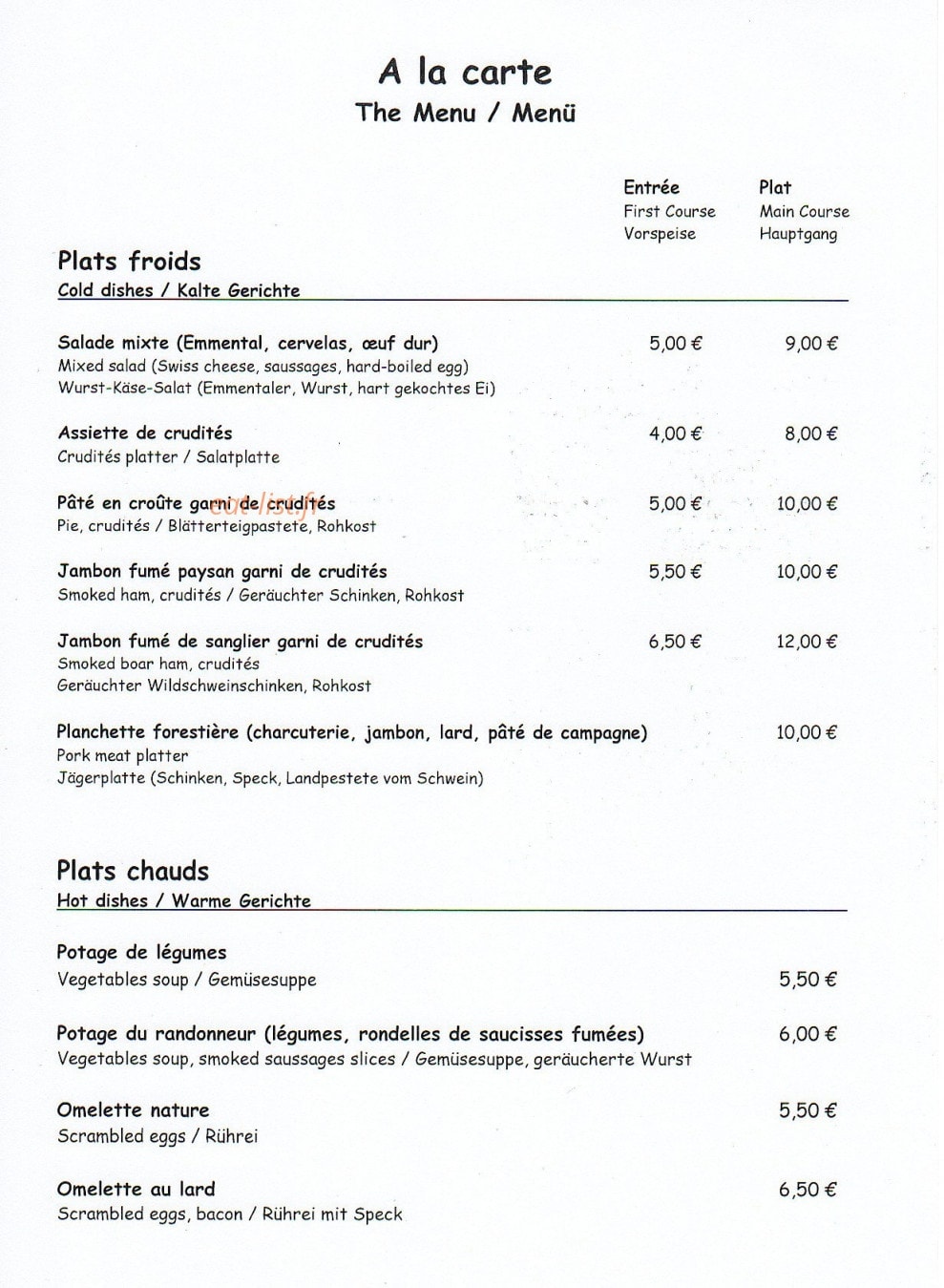 Auberge de la Rothlach — carte page 1