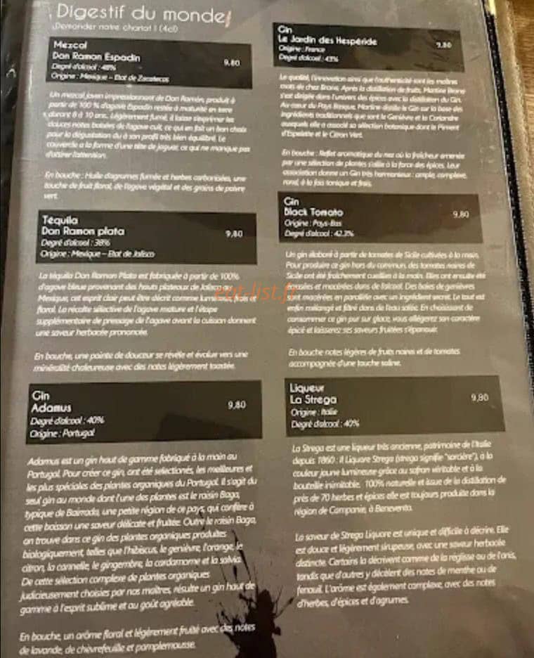 Carte et menu de Les Philosophes à Nordhouse — Digestifs du monde
