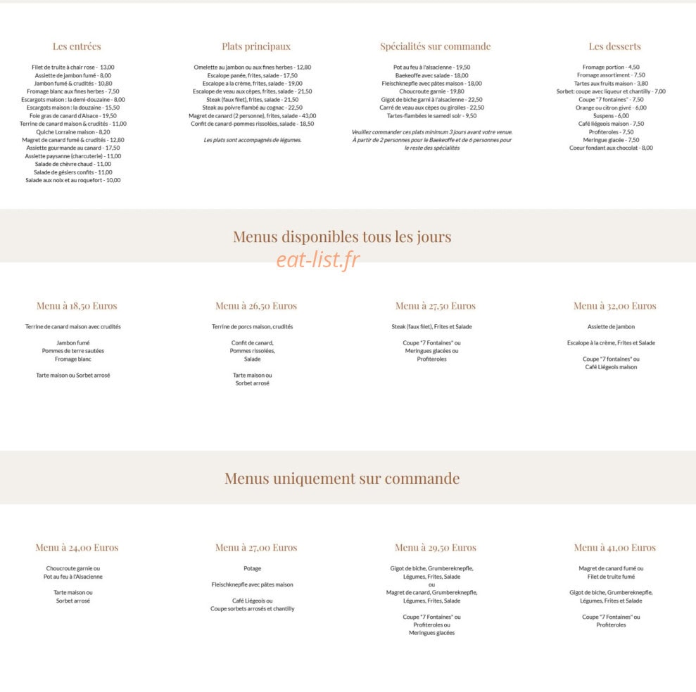 Carte et menu de Auberge Moulin Des Sept Fontaines à Drachenbronn Birlenbach — La carte et menus