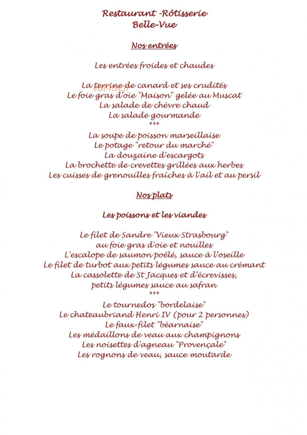 Restaurant Belle Vue — carte page 1