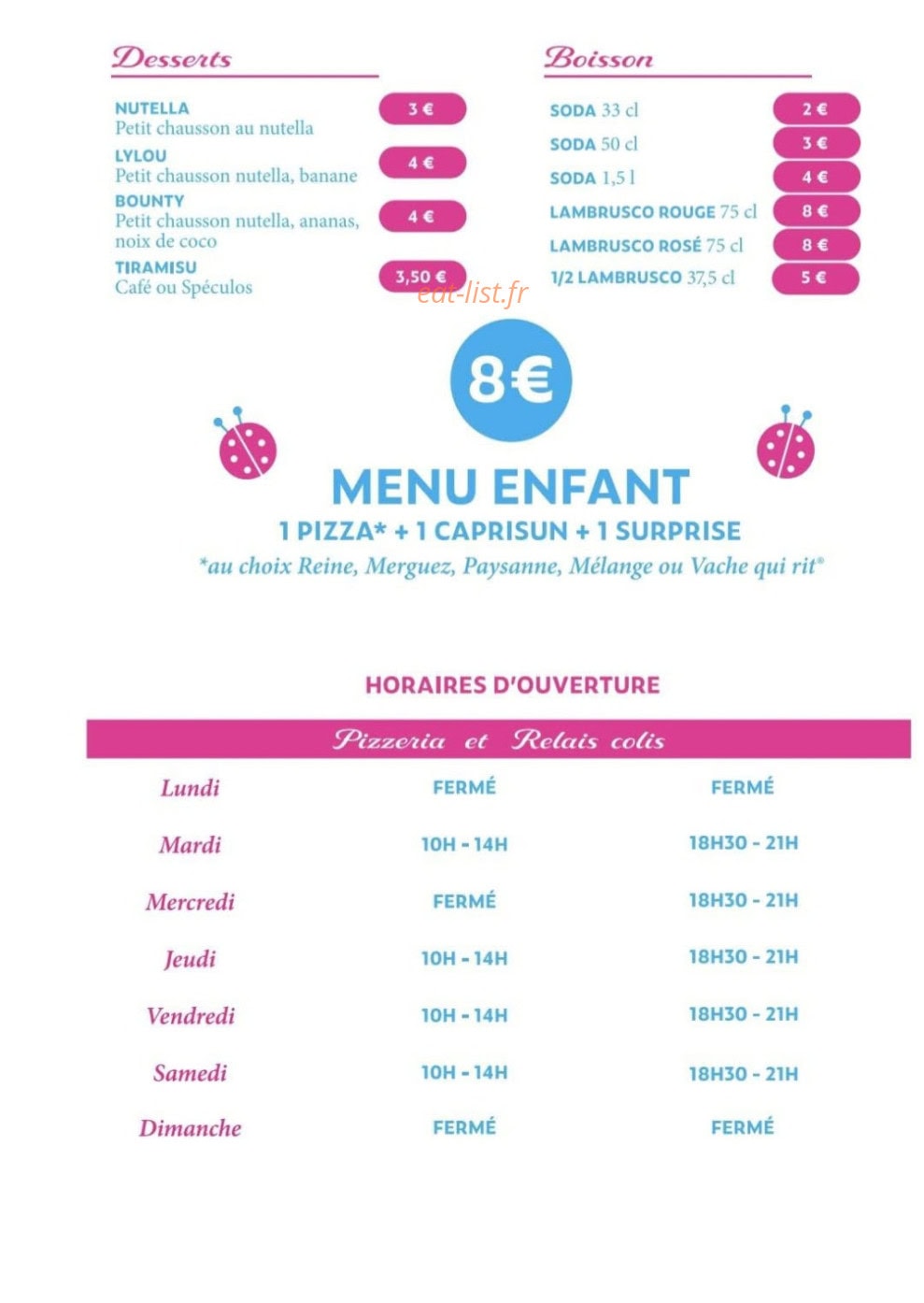 Carte et menu de Cocci Pizza à Gresswiller — Desserts et boissons