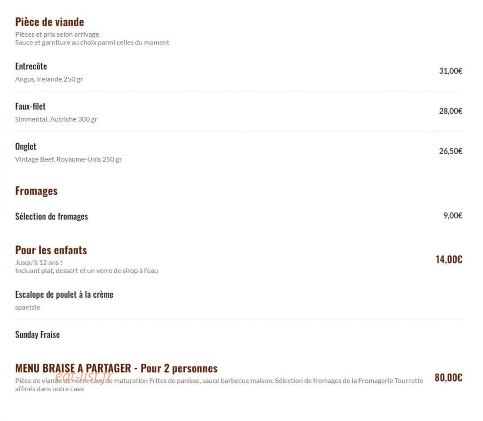 Carte et menu de Braise par Substance à Oberhausbergen — Les viandes, fromages et pour les enfants