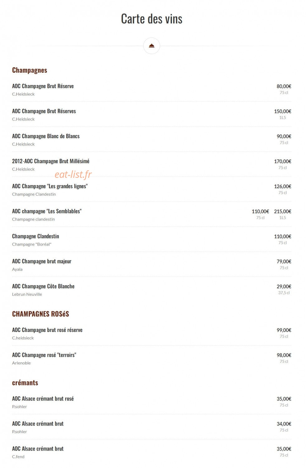 Carte et menu de Braise par Substance à Oberhausbergen — Carte des vins