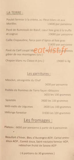Carte et menu de Auberge au col de fouchy à Breitenau — Terre, garnitures et fromages