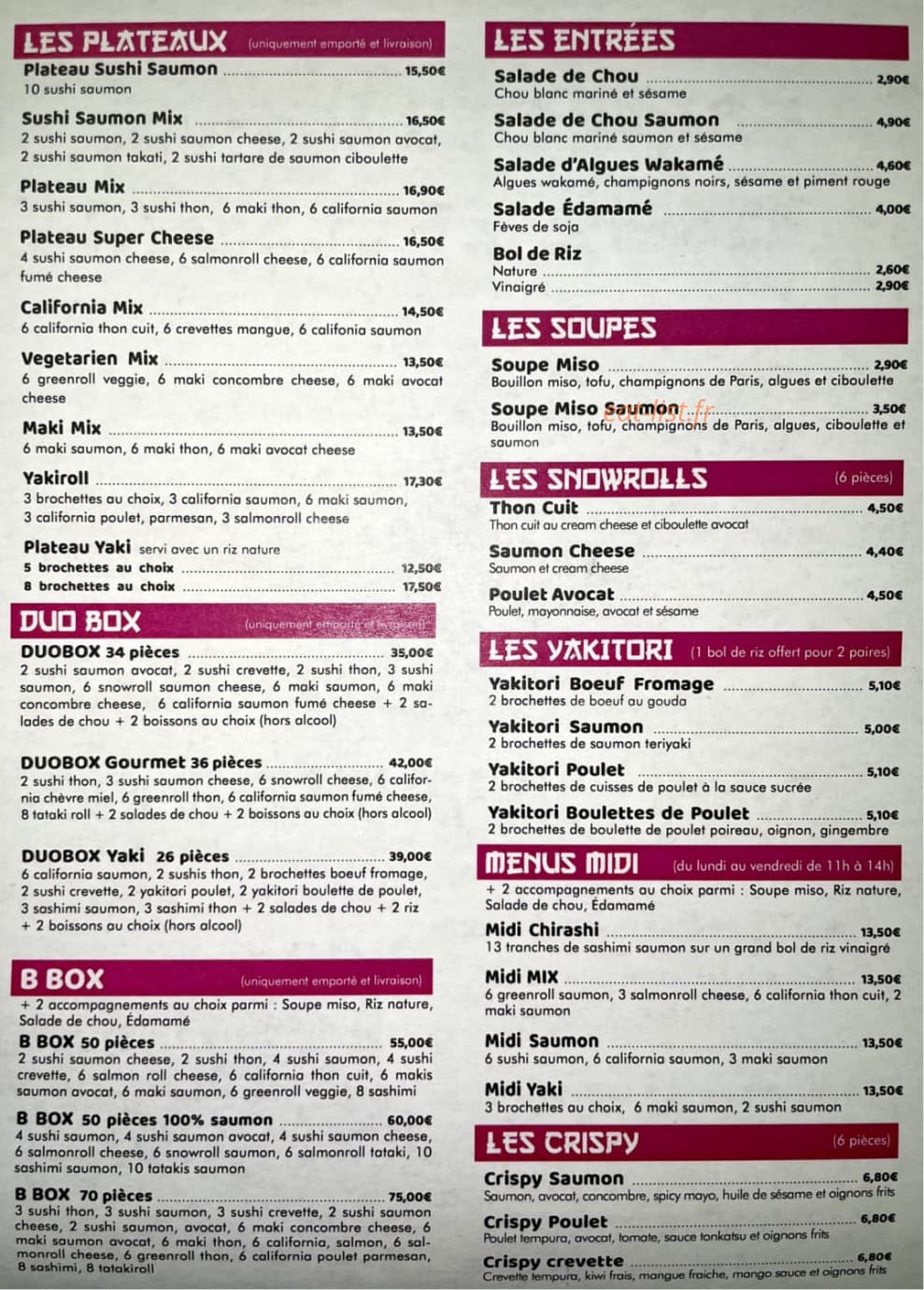 Bar à sushi — carte page 1