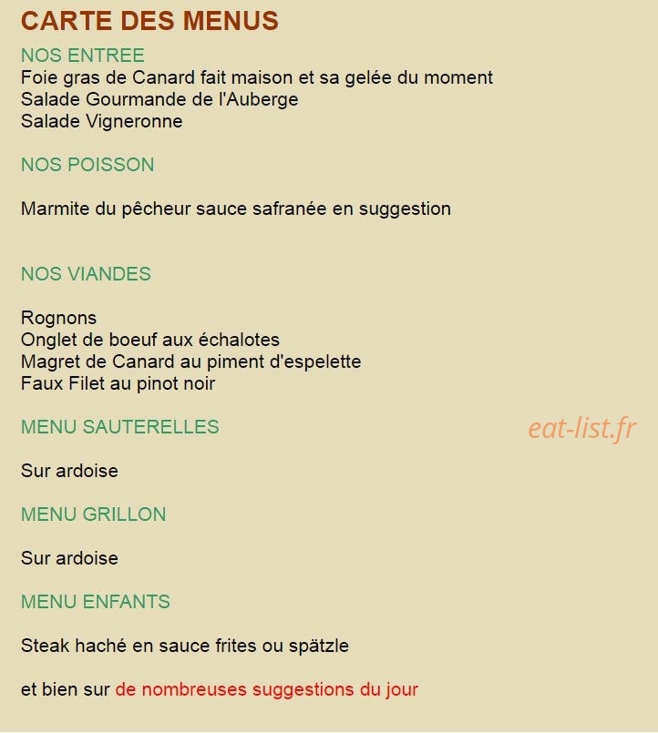 Auberge des Sauterelles — carte page 1