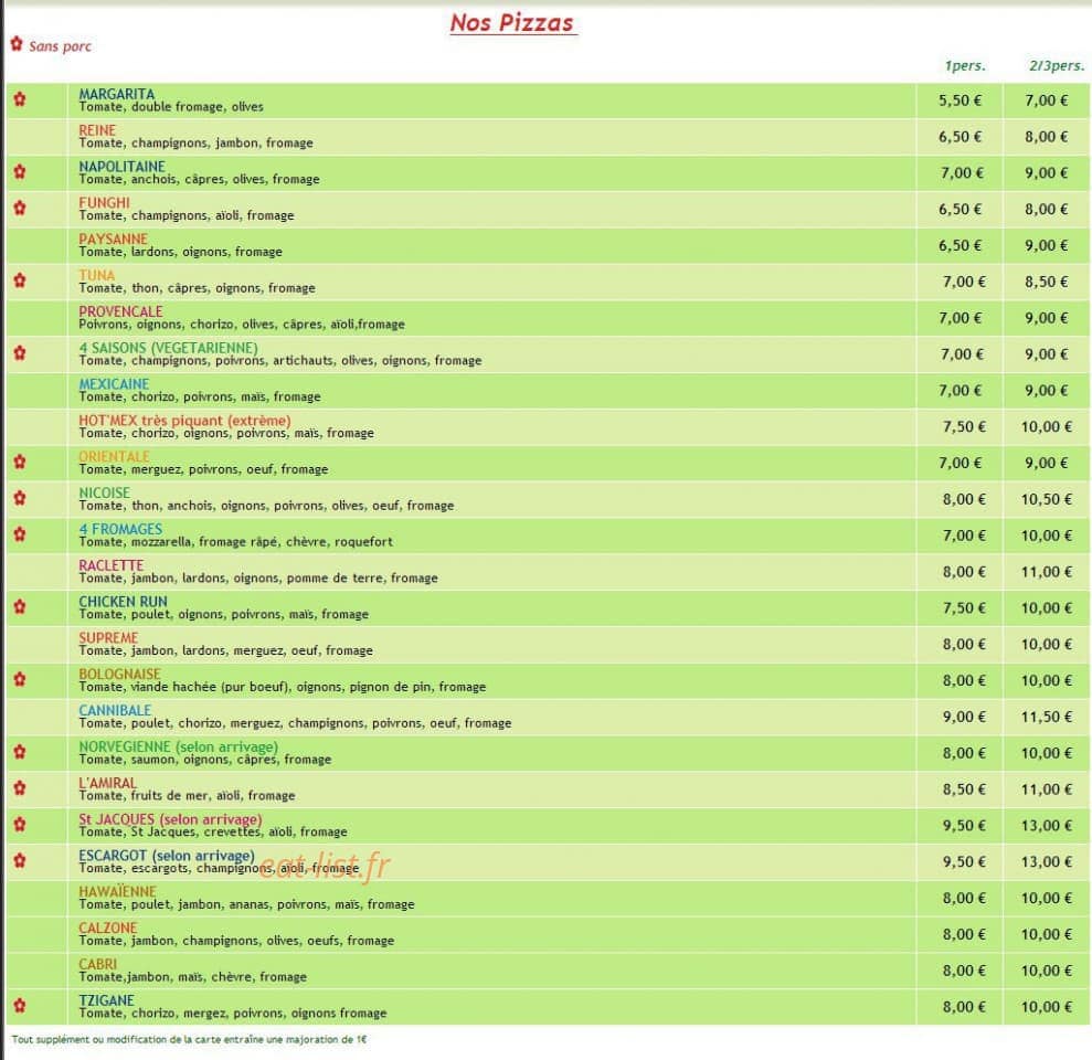 Genie pizza — carte page 1