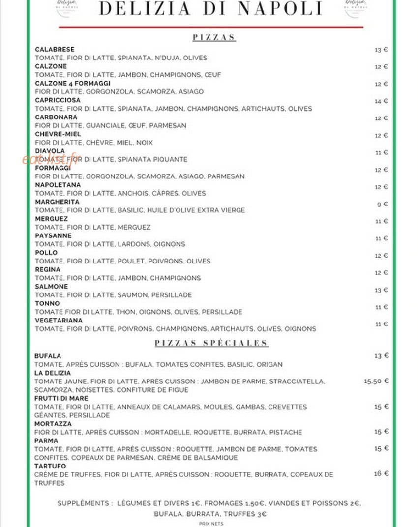 Carte et menu de Delizia Di Napoli à Kaltenhouse — Les pizzas