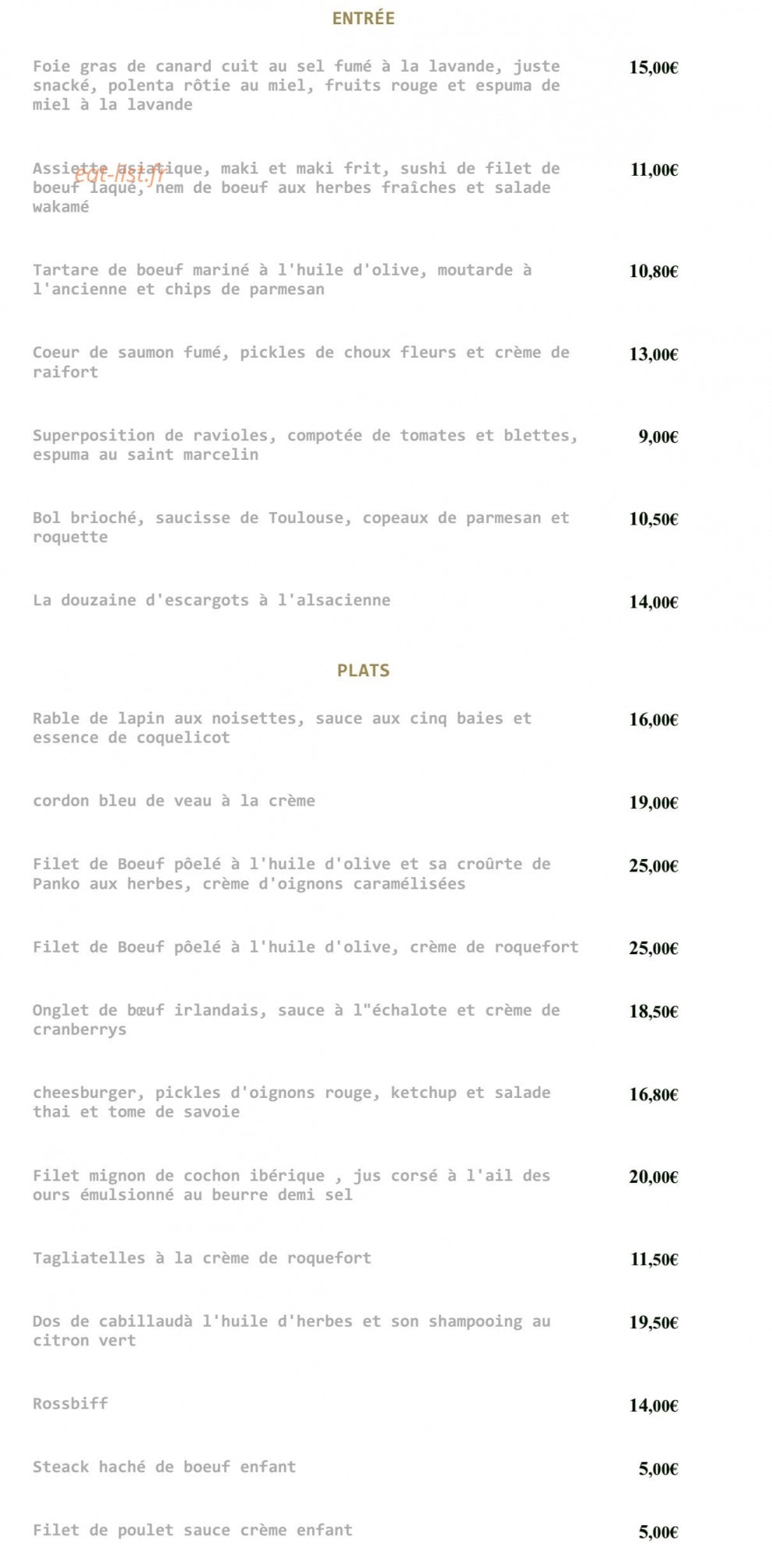 Restaurant au boeuf — carte page 1