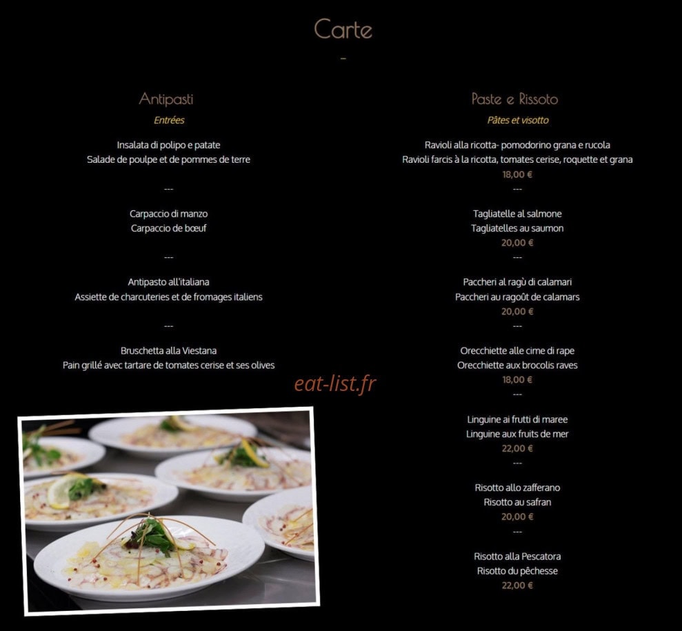 Carte et menu de La Tavola d'Italia à Kutzenhausen — Les entrées, pates et risotto