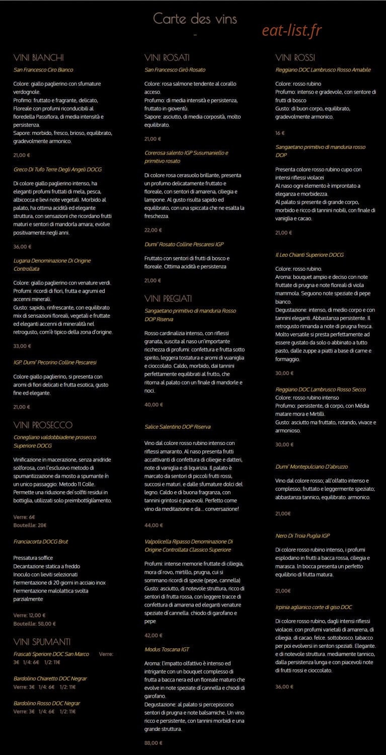 Carte et menu de La Tavola d'Italia à Kutzenhausen — Carte des vins