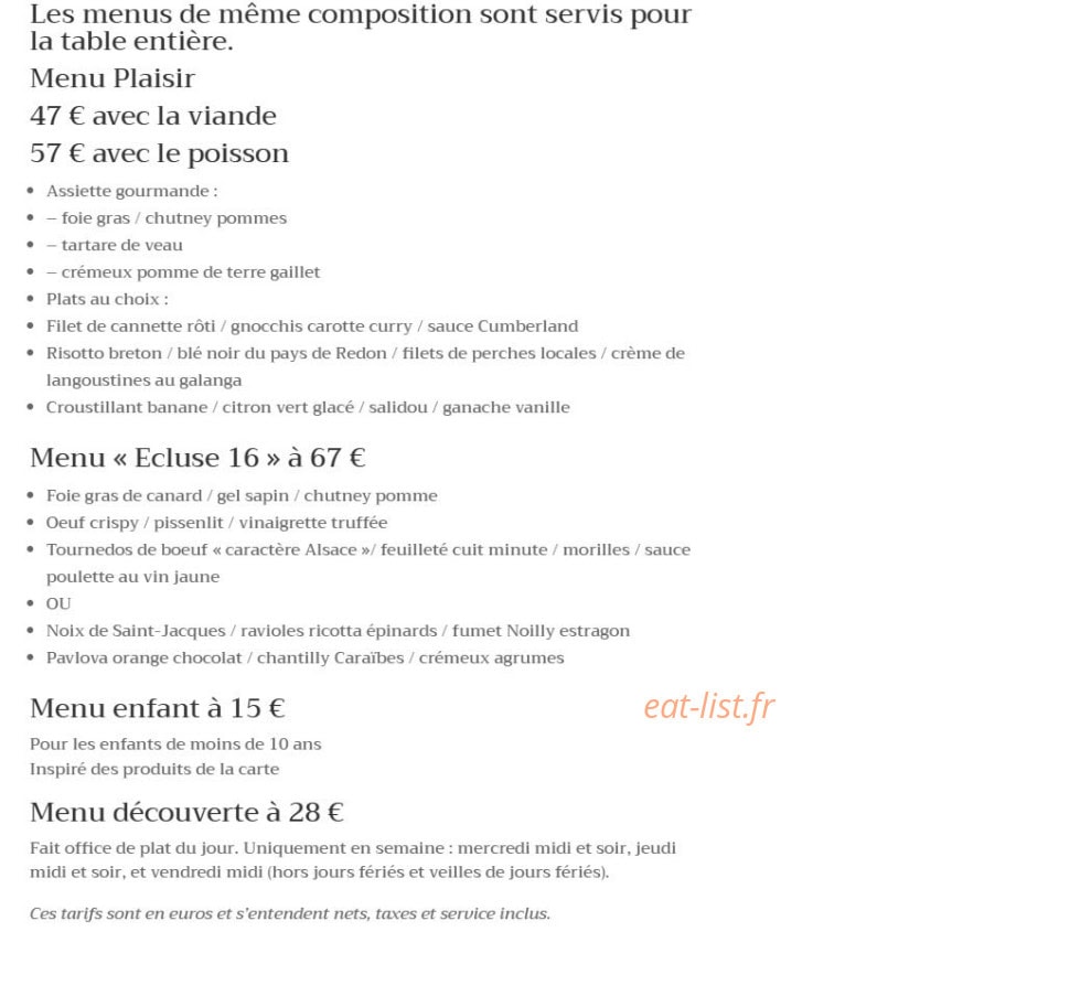 Restaurant de l'écluse 16 — carte page 1