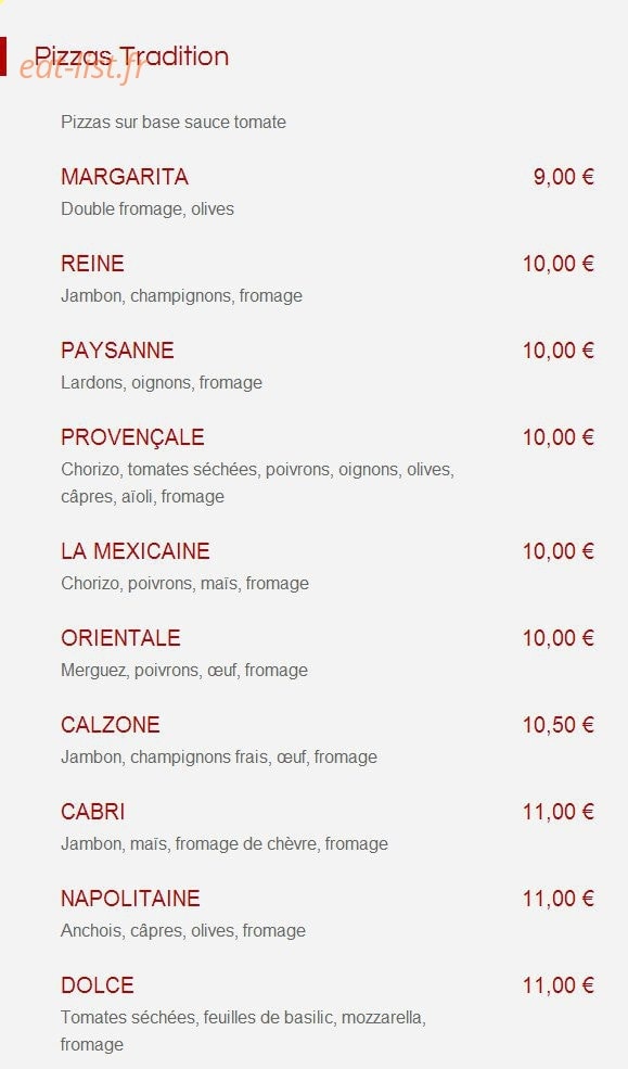 Sam Pizzas — carte page 1