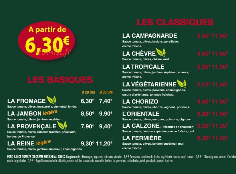 Le Kiosque à Pizzas — carte page 1